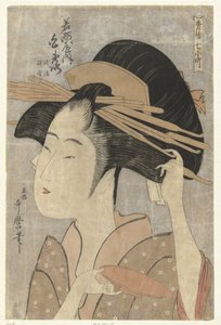 Busteportret van de courtisane Shiratsuya uit het Wakanaya huis. door Kitagawa Utamaro