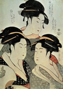 Close-up van een schilderij van drie vrouwen, Kitagawa Utamaro, Kansei periode, Japan door Kitagawa Utamaro