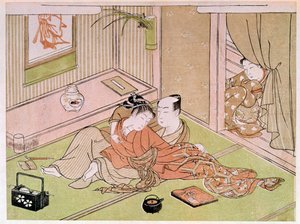 Koppel dat elkaar streelt onder het oog van de dienstmeid Japanse prent door Utamaro Kitagawa (1753-1806). 18e eeuw. Parijs, Guimet Museum, Nationaal Museum van Aziatische Kunsten door Kitagawa Utamaro