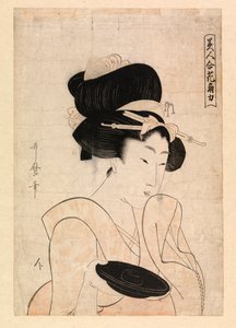 Courtisane met een sakekopje, ca.1790-1806 (kleur houtsnede)