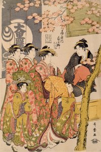 Courtisanes wandelend onder kersenbomen voor de Daiko, c.1789 (houtsnede) (detail) door Kitagawa Utamaro