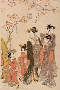Courtisanes wandelend onder kersenbomen, c.1789 (houtsnede) (detail) door Kitagawa Utamaro