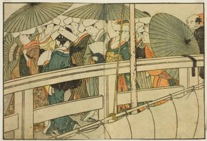 Een Brug Oversteken in de Zomer, uit het geïllustreerde boek "Prentenboek: Bloemen van de Vier Seizoenen (Ehon shiki no hana)," deel 1 door Kitagawa Utamaro