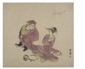 Daikoku (staand) in gesprek met een zittende dame