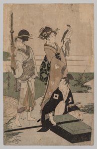 Daimyo en zijn gevolg steken een stroom over in de vlakte bij Fuji door Kitagawa Utamaro