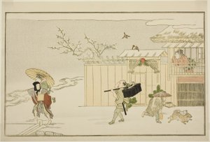 Nieuwjaarsgeschenken bezorgen in de sneeuw, uit de geïllustreerde kyoka-anthologie "De jonge god Ebisu"