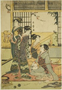 Drums en Shamisen (kleur houtsnede; aiban) door Kitagawa Utamaro