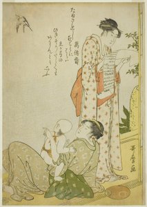 Avondkoelte op de Veranda (Ensaki no yusuzumi): Genrescènes met kyoka-gedichten, in aiban-formaat (Kyoka-iri aiban fuzoku zu)