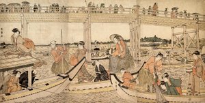 Vissersboten met netten onder de Ryogoku-brug