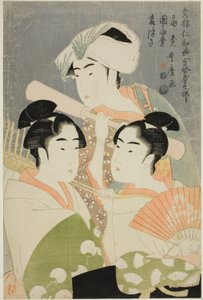 Verkoper van Vouwwaaier, Ronde Waaier Verkoper, en Gerst Stampen (Ogi-uri, uchiwa-uri, mugi-tsuki), uit de serie "Vrouwelijke Geisha Sectie van het Yoshiwara Niwaka Festival (Seiro niwaka onna geisha no bu)"