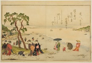 Schelpen verzamelen bij eb, uit het geïllustreerde boek "Geschenken van de eb (Shiohi no tsuto)" door Kitagawa Utamaro