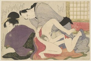 Geisha en minnaar bij vrijstaand kamerscherm door Kitagawa Utamaro