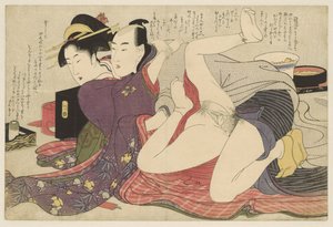 Geisha in kimono met lange mouwen en haar geliefde door Kitagawa Utamaro