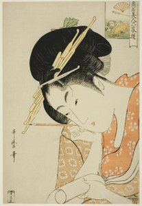 Hanaogi van de Ogiya, uit de serie "Beroemde schoonheden vergeleken met de zes onsterfelijke dichters (Komei bijin rokkasen)"