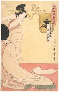 "Hanazuma van Hyōgoya, Kenbishi van Sakagami" uit de reeks „De saké-grootheden, vergeleken met vooraanstaande leden van de zes huizen” (Natori zake rokkasen: Hyōgoya Hanazuma, Sakagami no Kenbishi) door Kitagawa Utamaro