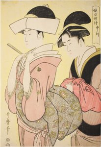 Uur van de Aap [16:00] (Saru no koku), uit de serie "Zonnewijzer van Jonge Vrouwen (Musume hi-dokei)" door Kitagawa Utamaro