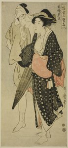 Man en vrouw gevangen in een avondbui, uit de serie "Drie avondgenoegens van de drijvende wereld"