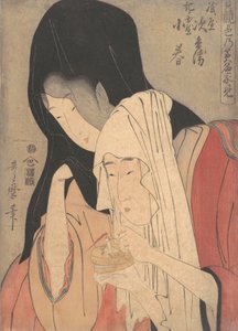 Jihei van Kamiya die wegloopt met Koharu van Kinokuniya, begin 1800s door Kitagawa Utamaro