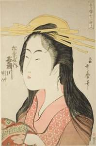 Kisegawa van de Matsubaya, [wiens bedienden zijn] Sasano, Takeno (Matsubaya uchi Kisegawa, Sasano, Takeno), uit de serie "Zeven Komachi van Yoshiwara" ("Seiro nana Komachi") door Kitagawa Utamaro