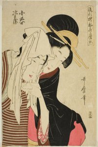 Koharu en Jihei, uit de serie "Modieuze Patronen in Utamaro-stijl (Ryuko moyo Utamaro-gata)" door Kitagawa Utamaro