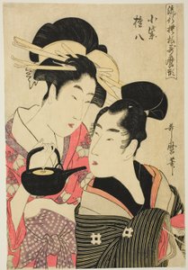 Komurasaki en Gonpachi, uit de serie "Modieuze Patronen in Utamaro Stijl (Ryuko moyo Utamaro-gata)", ca. 1798-99 (kleur houtsnede; oban)