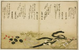 Minashi-gai, shio-gai, katatsu-gai, miso-gai, chijimi-gai, en chigusa-gai uit het geïllustreerde boek Geschenken van de Eb (Shiohi no tsuto) door Kitagawa Utamaro