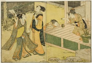 Nieuwjaars Spellen van Shuttlecock, Battledore en Handbal, uit het geïllustreerde boek "Prentenboek: Bloemen van de Vier Seizoenen (Ehon shiki no hana)," deel 1