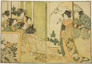 Nieuwjaars Manzai-voorstelling in het landhuis van een Feodale Heer, uit het geïllustreerde boek "Picture Book: Bloemen van de vier seizoenen (Ehon shiki no hana)," vol. 1 door Kitagawa Utamaro