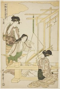 Nr. 12 (juni), uit de serie "Vrouwen Betrokken bij de Zijde-industrie (Joshoku kaiko tewaza-gusa)" door Kitagawa Utamaro