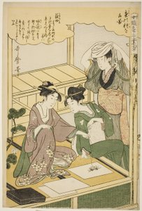 Nr. 7 (nana), uit de serie "Vrouwen werkzaam in de zijderupsindustrie (Joshoku kaiko tewaza-gusa)" door Kitagawa Utamaro