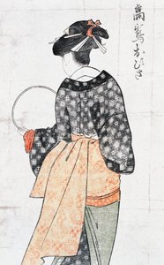 Ohisa van Takashima theehuis, vrouw in kimono met waaier, ukiyo-e kunstdruk door Kitagawa Utamaro (1753-1806), houtsnede, Japanse beschaving, Edo-periode