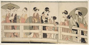 Bovenop en onder de Ryogoku-brug door Kitagawa Utamaro