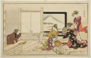 Voedsel bereiden voor een nachtegaal, uit de geïllustreerde kyoka bloemlezing "Stampende dans van mannen (Otoko toka)". door Kitagawa Utamaro