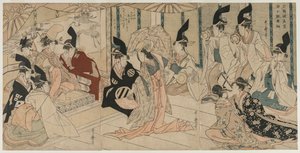 Scène aangepast uit het toneelstuk De Schatkamer van Loyale Retainers Chushingura, eind 1790s