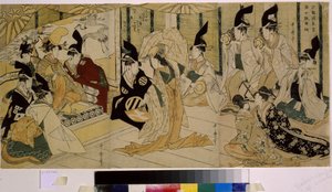 Shizuka Gozen danst tijdens de ceremonie voor het Tsurugaoka Wakamiya-heiligdom door Kitagawa Utamaro