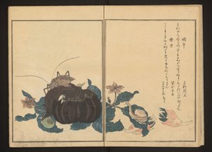 Slak en luidruchtige krekel op aubergine door Kitagawa Utamaro