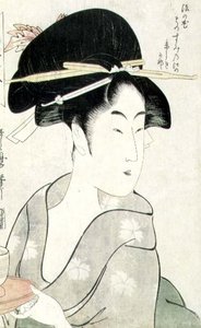Borstportret van een vrouw met een theekopje, uit de serie `Meisho Koshikake Hakkei` door Kitagawa Utamaro