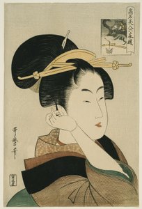 Tatsumi Roko, uit de serie "Beroemde schoonheden vergeleken met de zes onsterfelijke dichters" ("Komei bijin rokkasen") door Kitagawa Utamaro