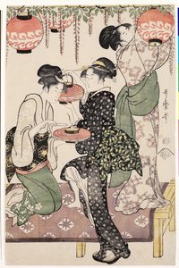 Theehuismeisjes onder een wisteria espalier door Kitagawa Utamaro