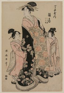 De courtisane Hinazuru van Chojiya met haar bedienden Tsuruji en Tsuruno door Kitagawa Utamaro