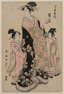 De courtisane Hinazuru van Chojiya met haar bedienden Tsuruji en Tsuruno door Kitagawa Utamaro