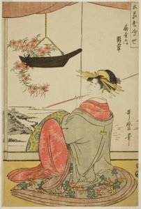 De courtisane Hisui van het Fan House, uit de serie De vijf festivals bloemenwedstrijd door Kitagawa Utamaro