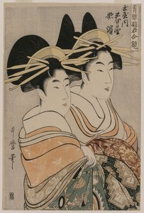 De courtisanes Kasugano en Utahama van Tamaya uit de serie Courtisanes van de Plezierwijken in Dubbele Spiegels door Kitagawa Utamaro