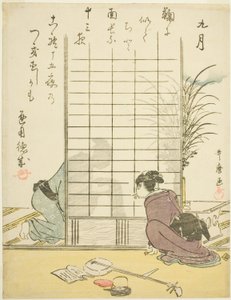 De Negende Maand (Kugatsu), uit een ongetitelde serie genrescènes in de twaalf maanden, met kyoka-gedichten door Kitagawa Utamaro