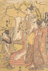 De Oiran Hinazuru van Chojiya staand op een stapel futons, ca. 1794 door Kitagawa Utamaro