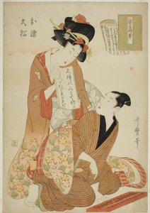 De joruri, Nure tsubame negura no karakasa, uit de serie Joruri libretti (Joruri-bon) (Nure tsubame negura no karakasa, Osome, Hisamatsu) door Kitagawa Utamaro