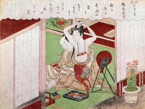 Het toilet van de elegante. Japanse prent door Utamaro Kitagawa (1753-1806). 1794-1795. Parijs, Guimet Museum, Nationaal Museum voor Aziatische Kunsten