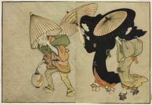 Twee Vrouwen en Bediende Gevangen in een Storm, uit het geïllustreerde boek "Prentenboek: Bloemen van de Vier Seizoenen (Ehon shiki no hana)," deel 2