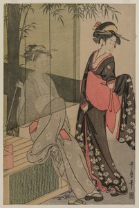 Twee Vrouwen bij een Bamboe Blind door Kitagawa Utamaro