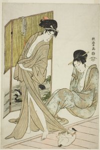 Twee jonge vrouwen na een bad door Kitagawa Utamaro